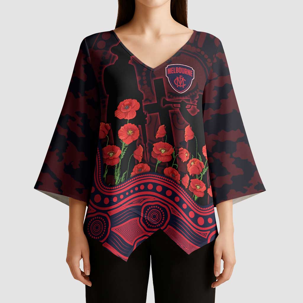 Melbourne Demons ANZAC Day Kimono Sleeve Blouse Indigenous Dot Art with Poppy Flower Tribute