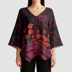 Melbourne Demons ANZAC Day Kimono Sleeve Blouse Indigenous Dot Art with Poppy Flower Tribute