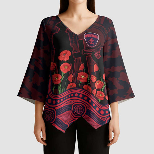 Melbourne Demons ANZAC Day Kimono Sleeve Blouse Indigenous Dot Art with Poppy Flower Tribute