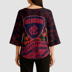 Melbourne Demons ANZAC Day Kimono Sleeve Blouse Indigenous Dot Art with Poppy Flower Tribute