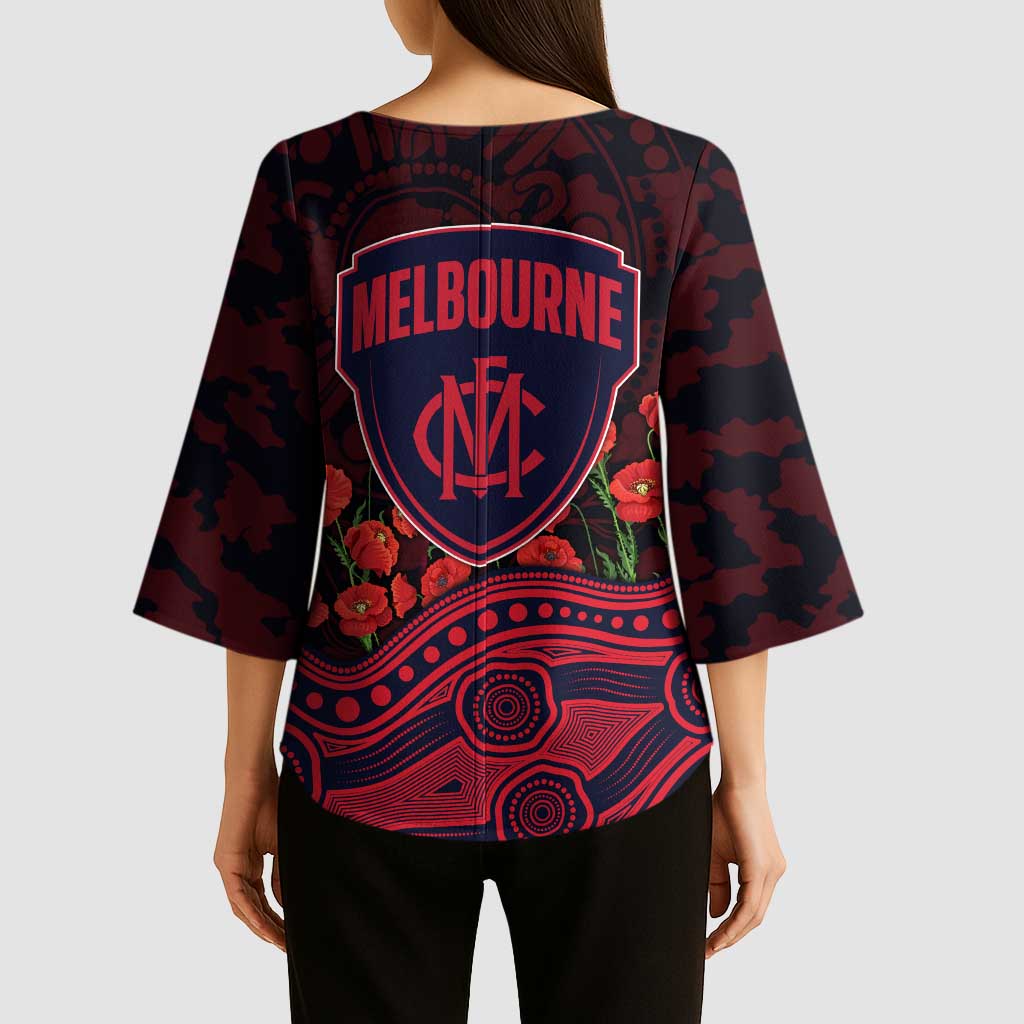 Melbourne Demons ANZAC Day Kimono Sleeve Blouse Indigenous Dot Art with Poppy Flower Tribute