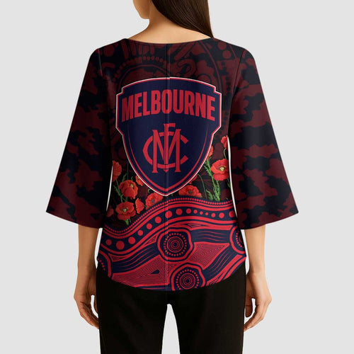 Melbourne Demons ANZAC Day Kimono Sleeve Blouse Indigenous Dot Art with Poppy Flower Tribute