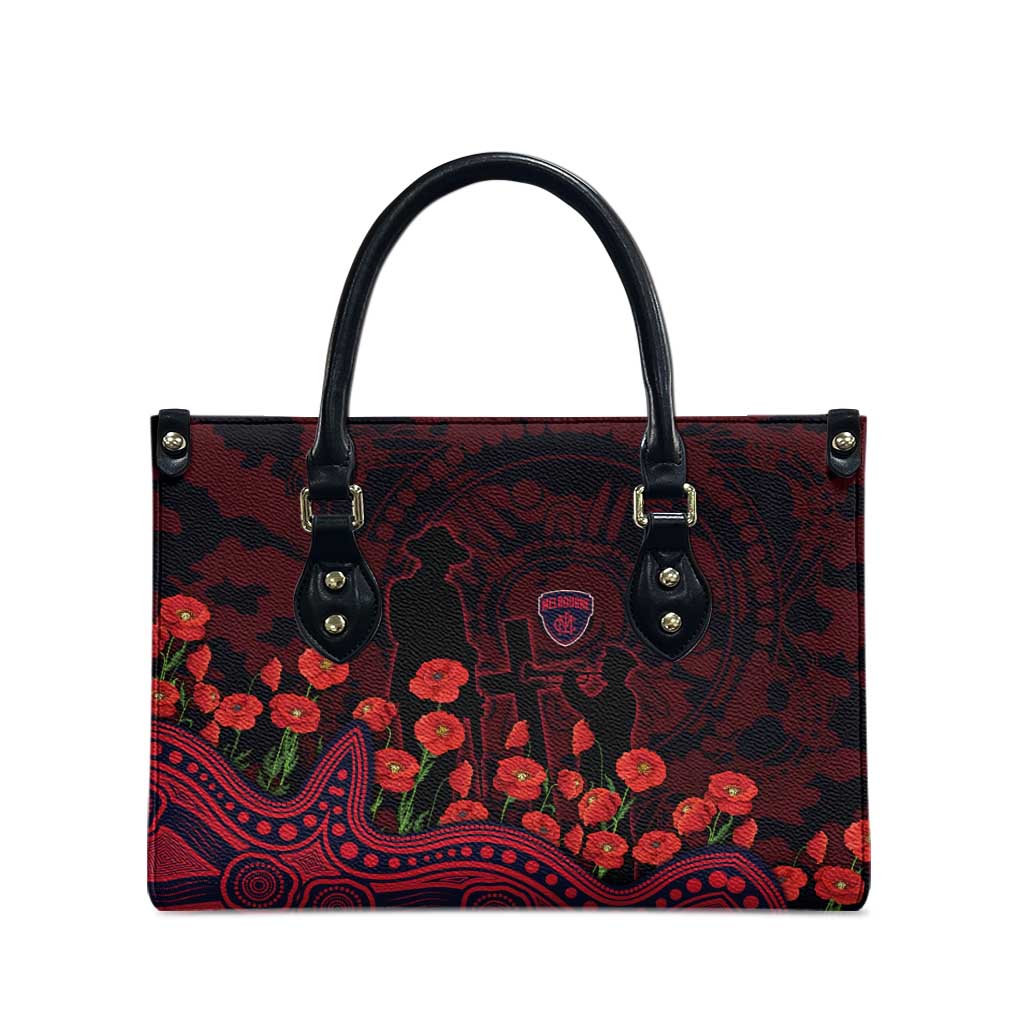 Melbourne Demons ANZAC Day Leather Bag Indigenous Dot Art with Poppy Flower Tribute