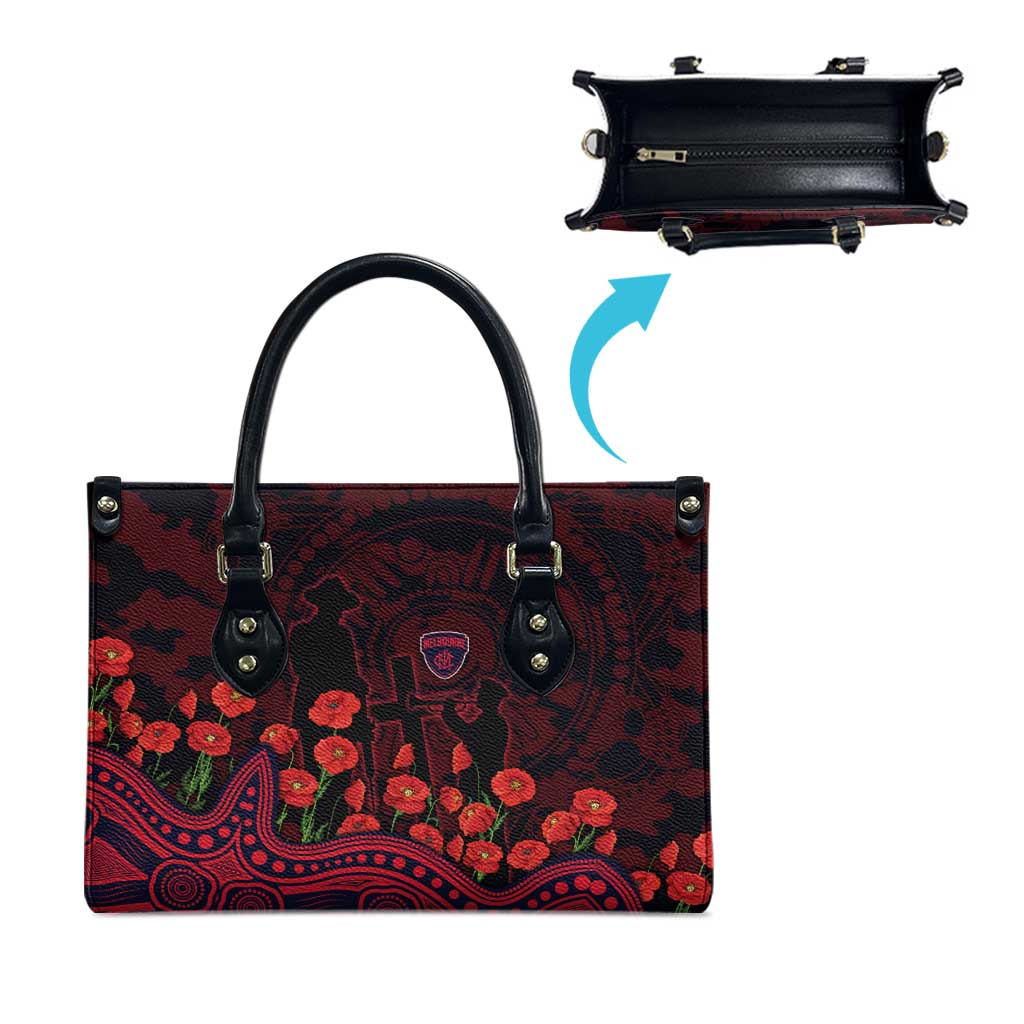 Melbourne Demons ANZAC Day Leather Bag Indigenous Dot Art with Poppy Flower Tribute