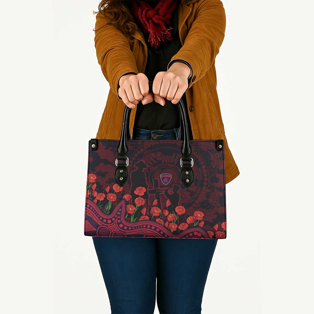 Melbourne Demons ANZAC Day Leather Bag Indigenous Dot Art with Poppy Flower Tribute