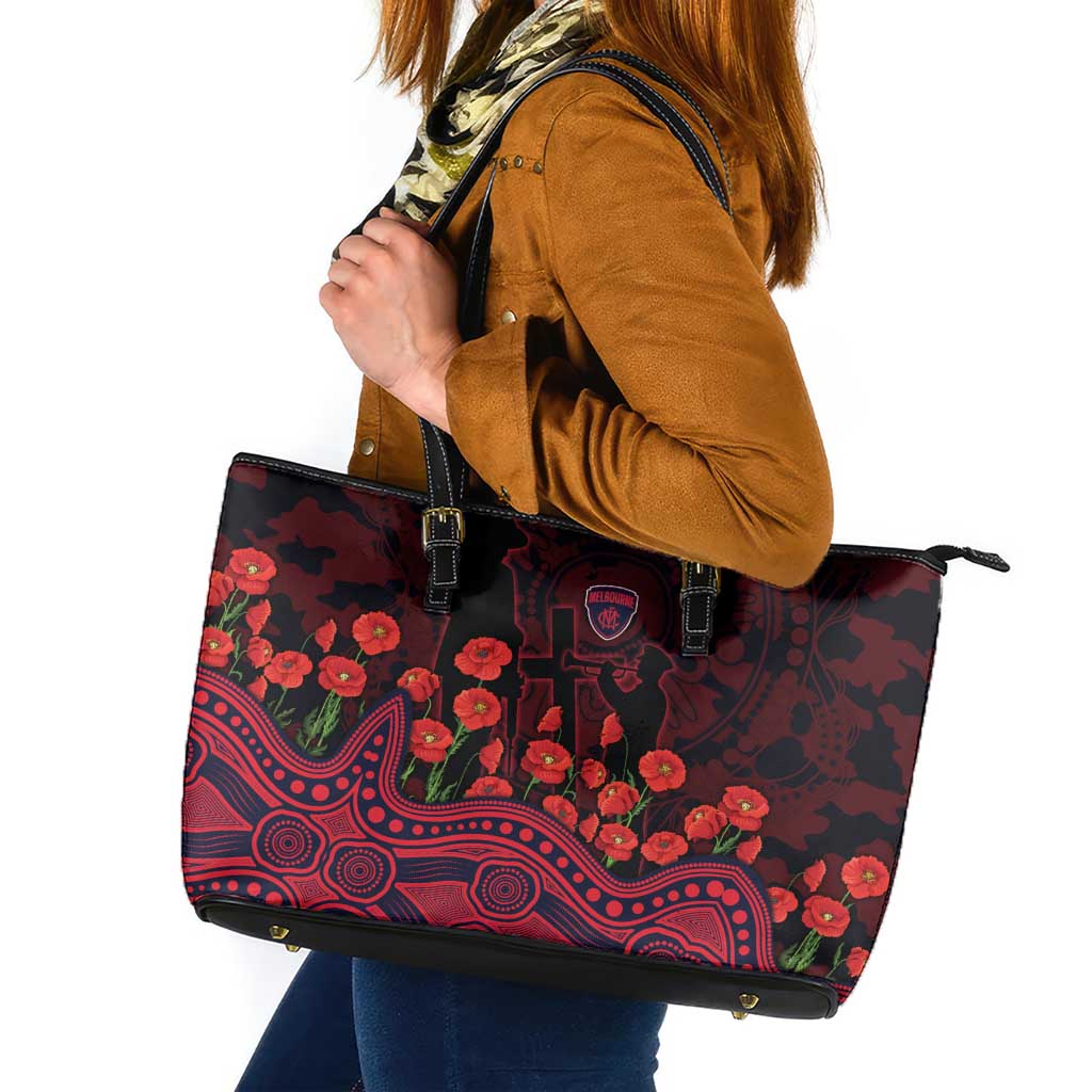 Melbourne Demons ANZAC Day Leather Tote Bag Indigenous Dot Art with Poppy Flower Tribute