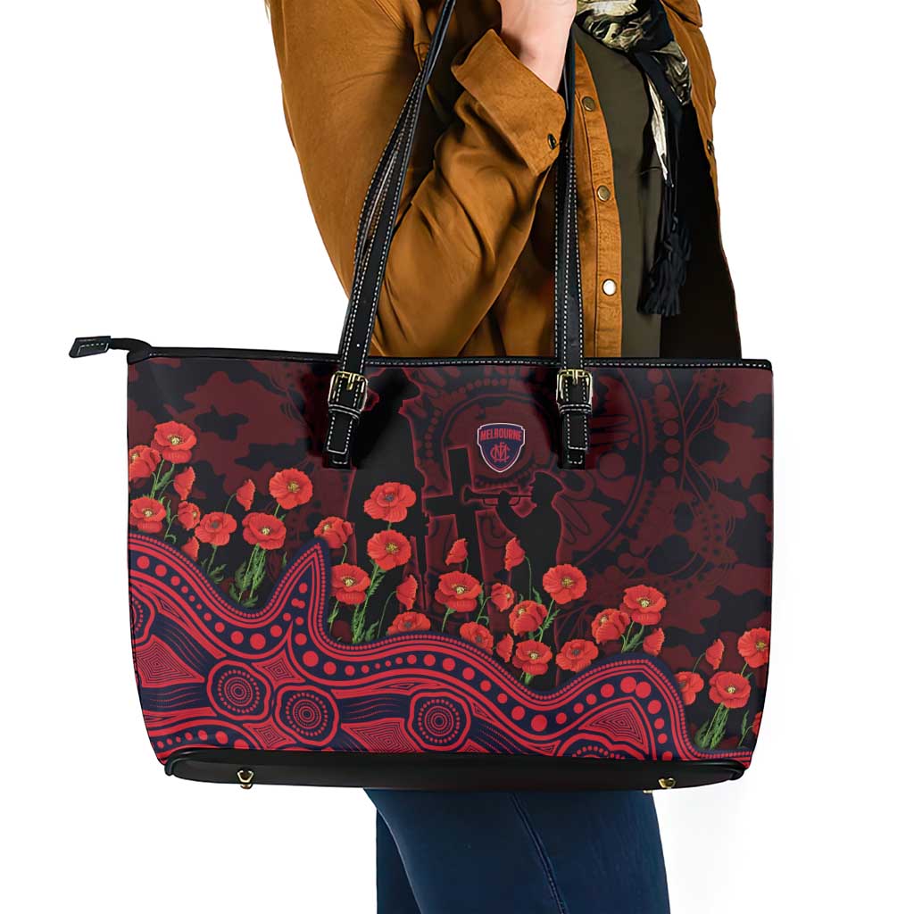 Melbourne Demons ANZAC Day Leather Tote Bag Indigenous Dot Art with Poppy Flower Tribute