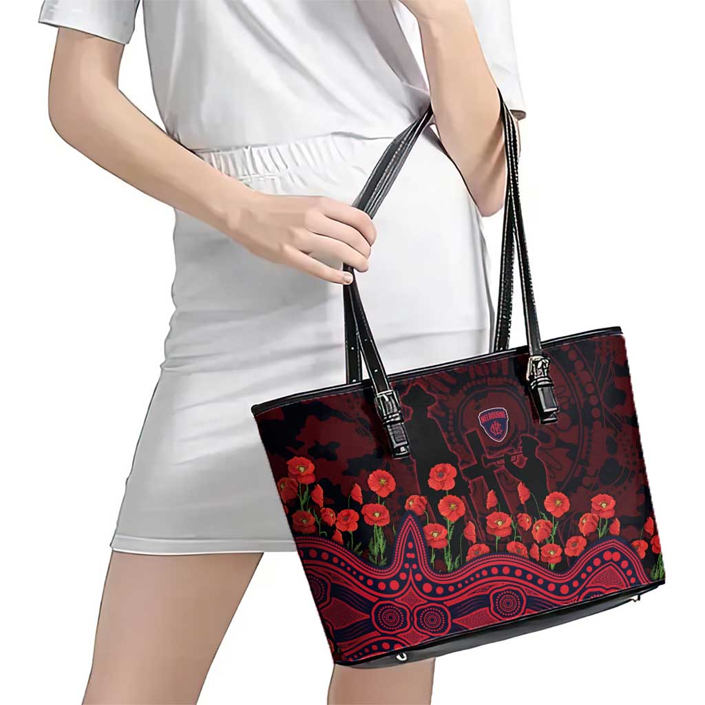 Melbourne Demons ANZAC Day Leather Tote Bag Indigenous Dot Art with Poppy Flower Tribute