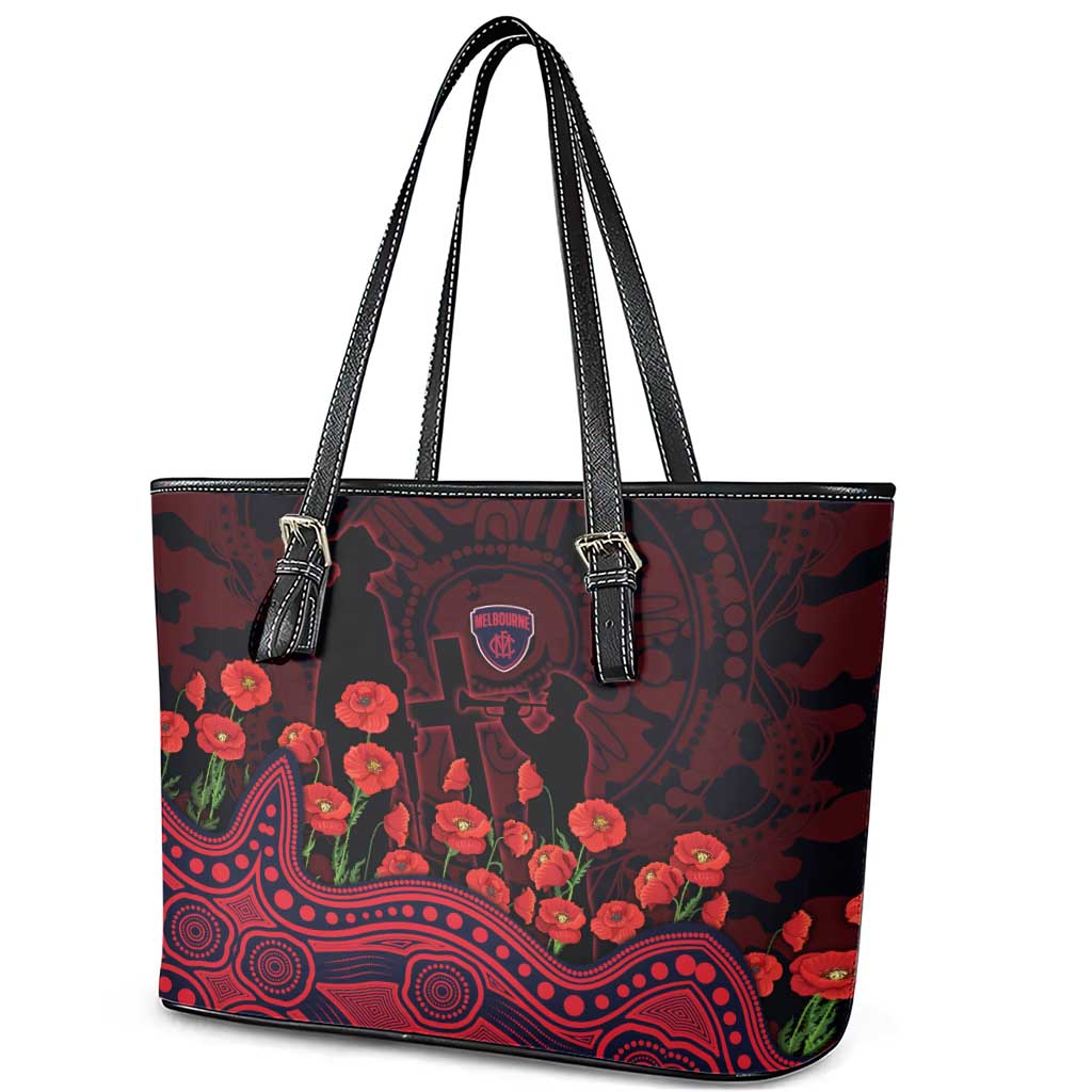 Melbourne Demons ANZAC Day Leather Tote Bag Indigenous Dot Art with Poppy Flower Tribute