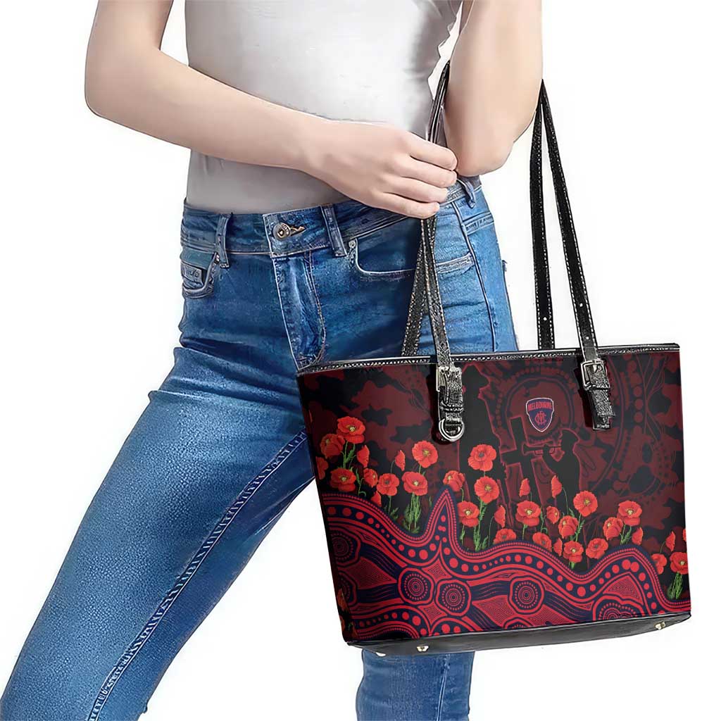 Melbourne Demons ANZAC Day Leather Tote Bag Indigenous Dot Art with Poppy Flower Tribute
