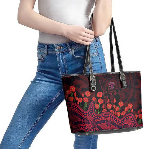 Melbourne Demons ANZAC Day Leather Tote Bag Indigenous Dot Art with Poppy Flower Tribute