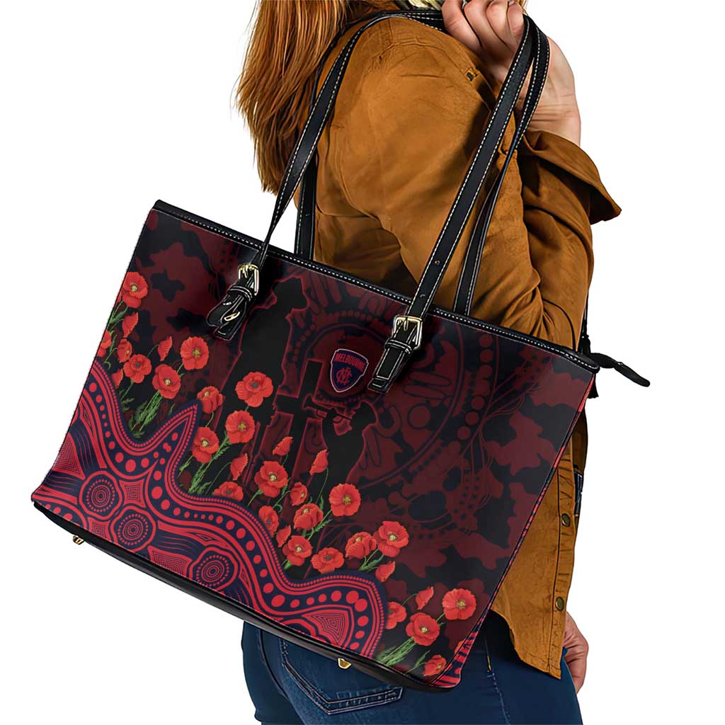 Melbourne Demons ANZAC Day Leather Tote Bag Indigenous Dot Art with Poppy Flower Tribute