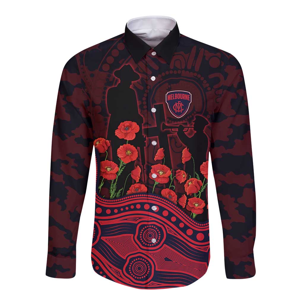Melbourne Demons ANZAC Day Long Sleeve Button Shirt Indigenous Dot Art with Poppy Flower Tribute