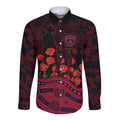Melbourne Demons ANZAC Day Long Sleeve Button Shirt Indigenous Dot Art with Poppy Flower Tribute
