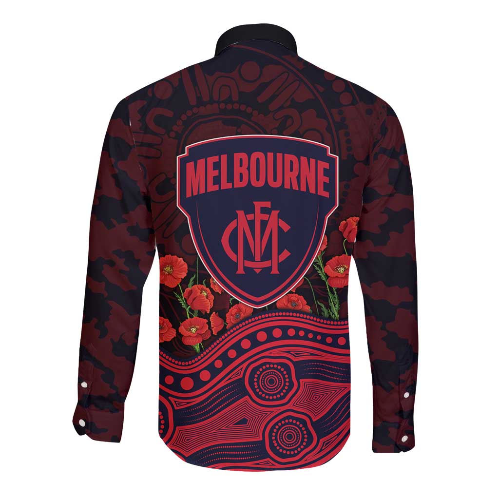 Melbourne Demons ANZAC Day Long Sleeve Button Shirt Indigenous Dot Art with Poppy Flower Tribute