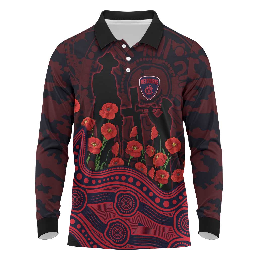 Melbourne Demons ANZAC Day Long Sleeve Polo Shirt Indigenous Dot Art with Poppy Flower Tribute