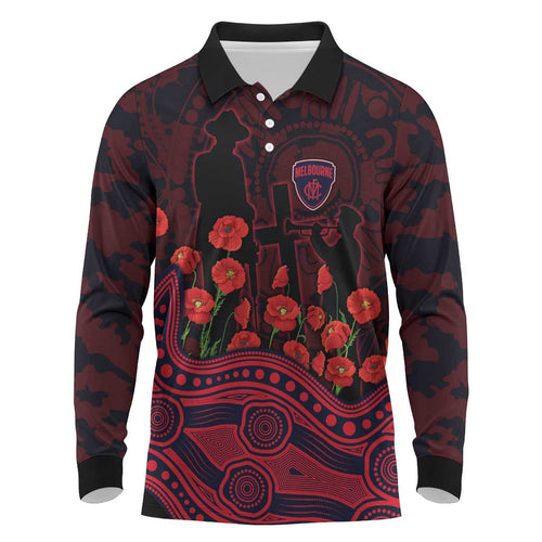 Melbourne Demons ANZAC Day Long Sleeve Polo Shirt Indigenous Dot Art with Poppy Flower Tribute