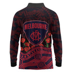 Melbourne Demons ANZAC Day Long Sleeve Polo Shirt Indigenous Dot Art with Poppy Flower Tribute