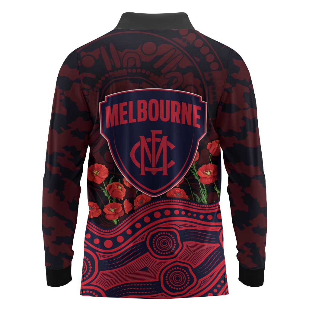 Melbourne Demons ANZAC Day Long Sleeve Polo Shirt Indigenous Dot Art with Poppy Flower Tribute