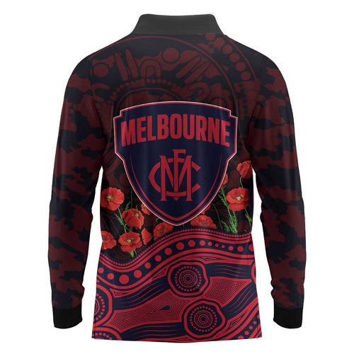 Melbourne Demons ANZAC Day Long Sleeve Polo Shirt Indigenous Dot Art with Poppy Flower Tribute