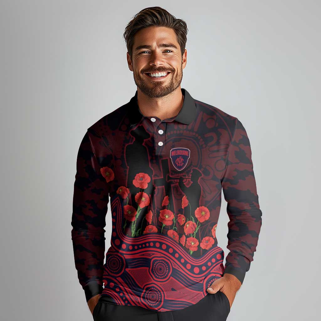 Melbourne Demons ANZAC Day Long Sleeve Polo Shirt Indigenous Dot Art with Poppy Flower Tribute