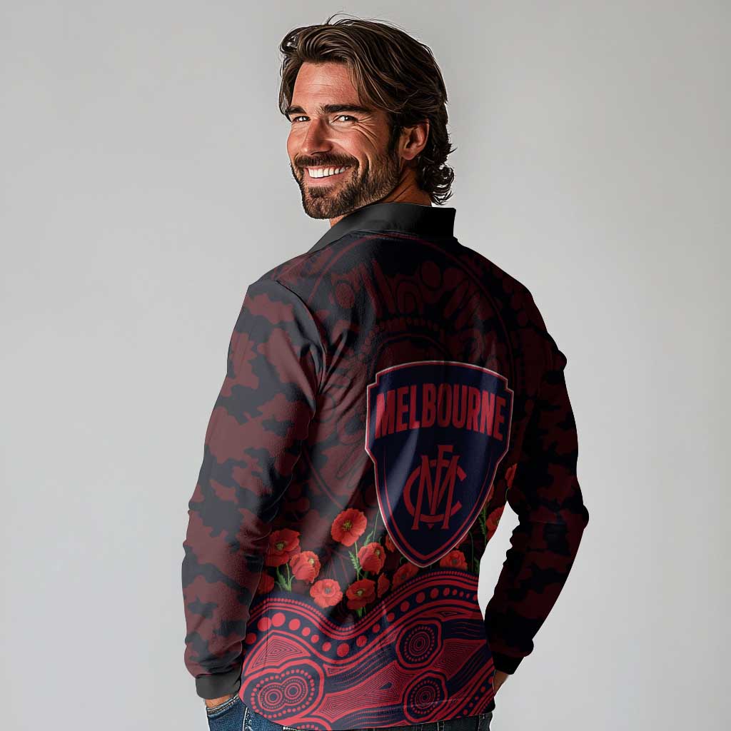 Melbourne Demons ANZAC Day Long Sleeve Polo Shirt Indigenous Dot Art with Poppy Flower Tribute
