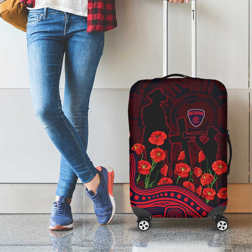 Melbourne Demons ANZAC Day Luggage Cover Indigenous Dot Art with Poppy Flower Tribute
