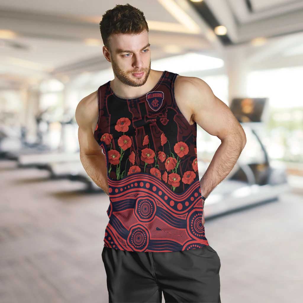Melbourne Demons ANZAC Day Men Tank Top Indigenous Dot Art with Poppy Flower Tribute