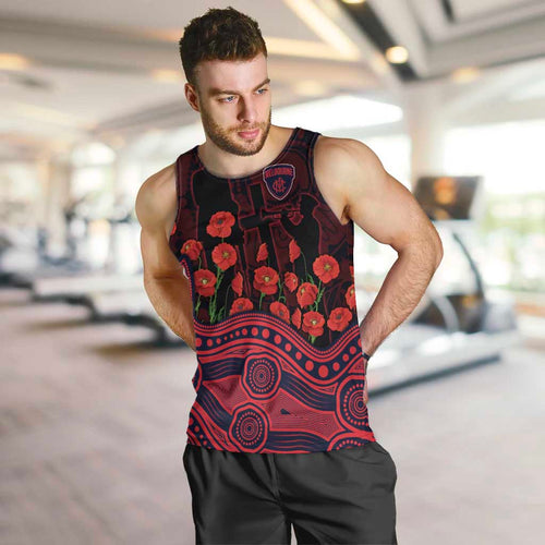 Melbourne Demons ANZAC Day Men Tank Top Indigenous Dot Art with Poppy Flower Tribute