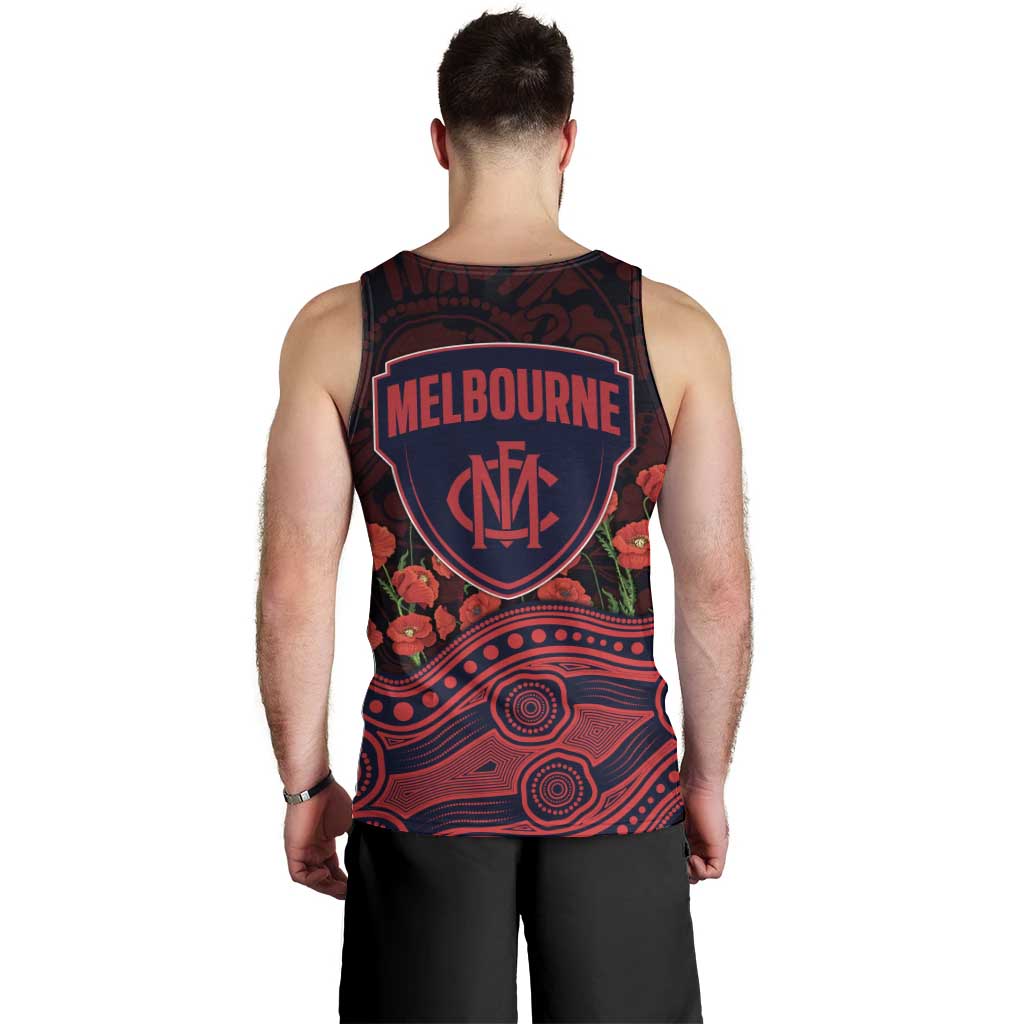 Melbourne Demons ANZAC Day Men Tank Top Indigenous Dot Art with Poppy Flower Tribute