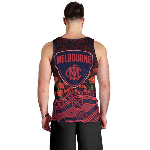 Melbourne Demons ANZAC Day Men Tank Top Indigenous Dot Art with Poppy Flower Tribute