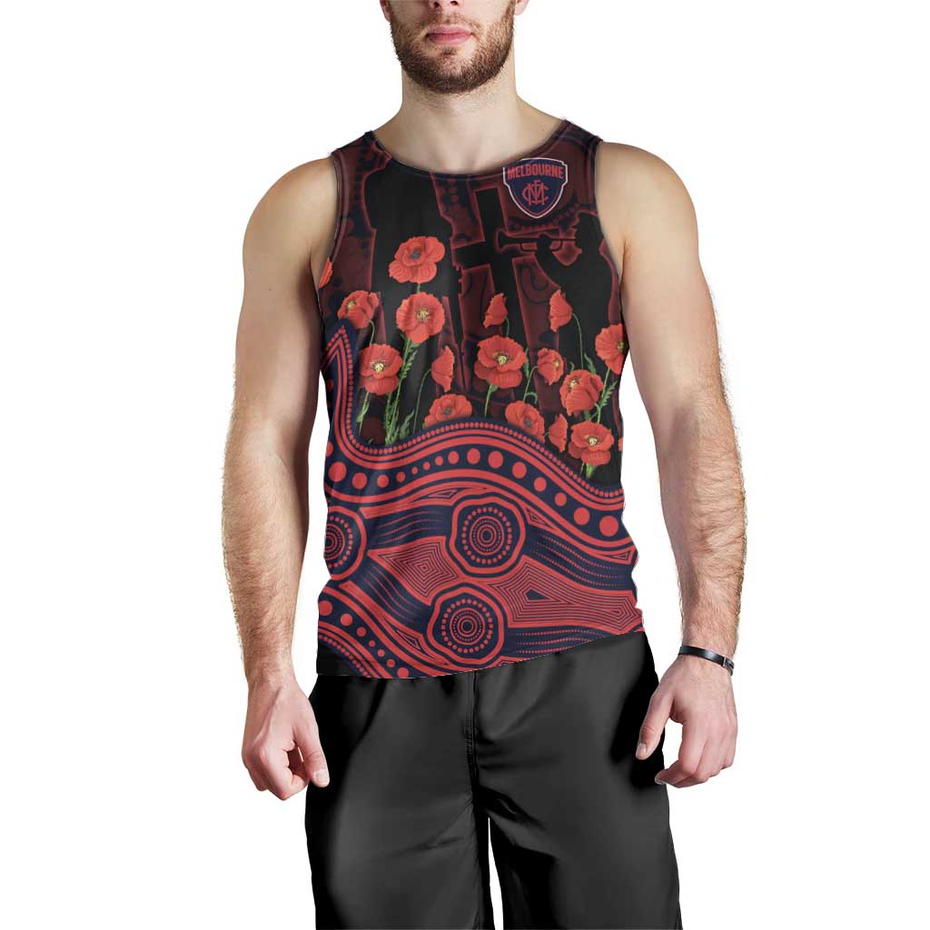 Melbourne Demons ANZAC Day Men Tank Top Indigenous Dot Art with Poppy Flower Tribute