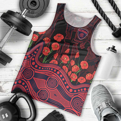 Melbourne Demons ANZAC Day Men Tank Top Indigenous Dot Art with Poppy Flower Tribute