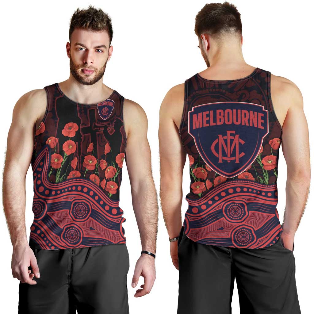 Melbourne Demons ANZAC Day Men Tank Top Indigenous Dot Art with Poppy Flower Tribute