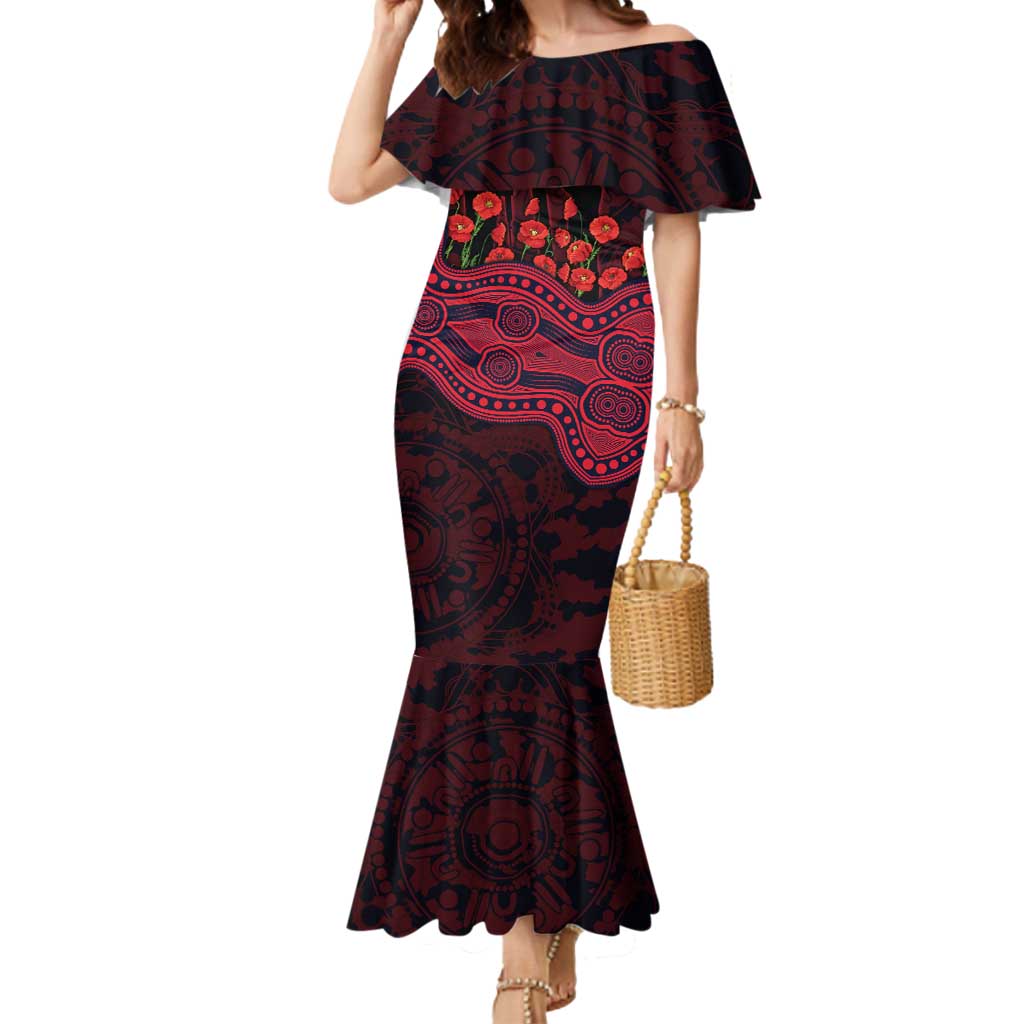 Melbourne Demons ANZAC Day Mermaid Dress Indigenous Dot Art with Poppy Flower Tribute
