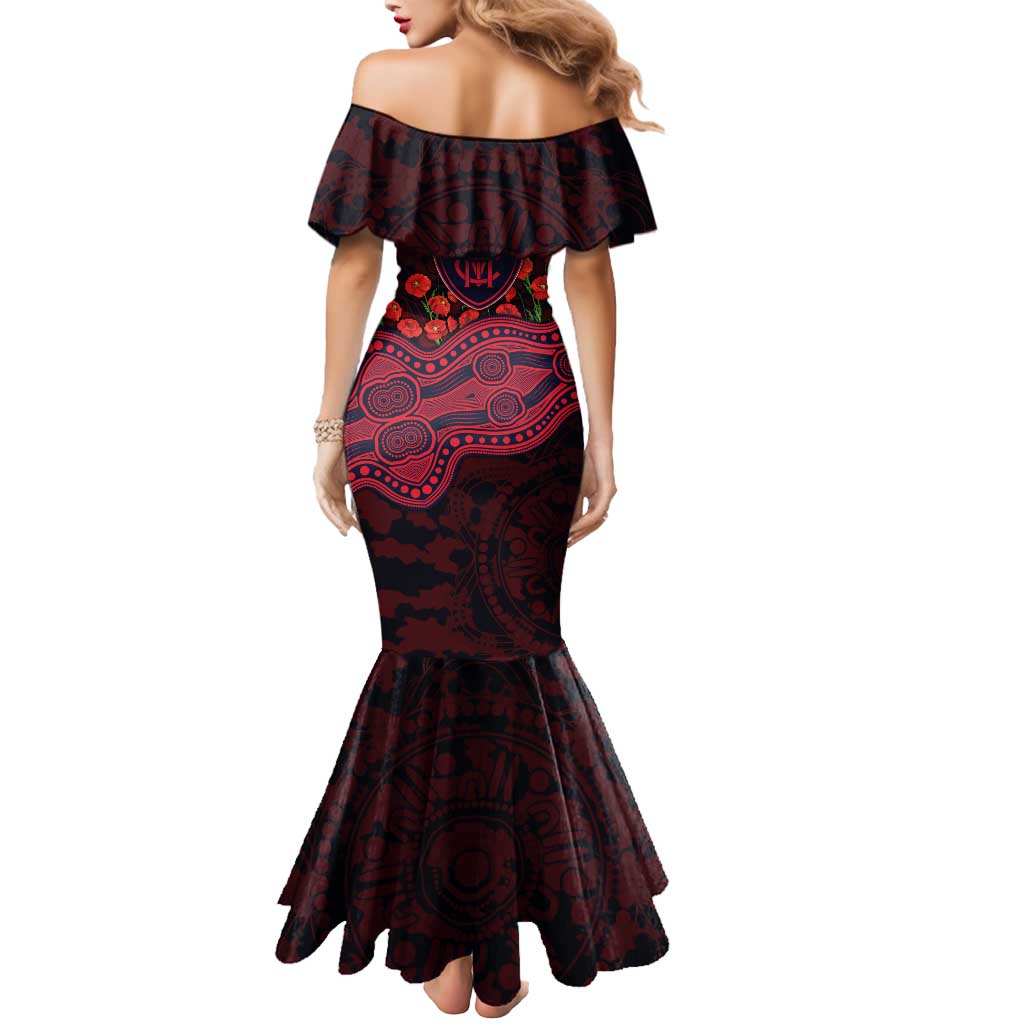 Melbourne Demons ANZAC Day Mermaid Dress Indigenous Dot Art with Poppy Flower Tribute