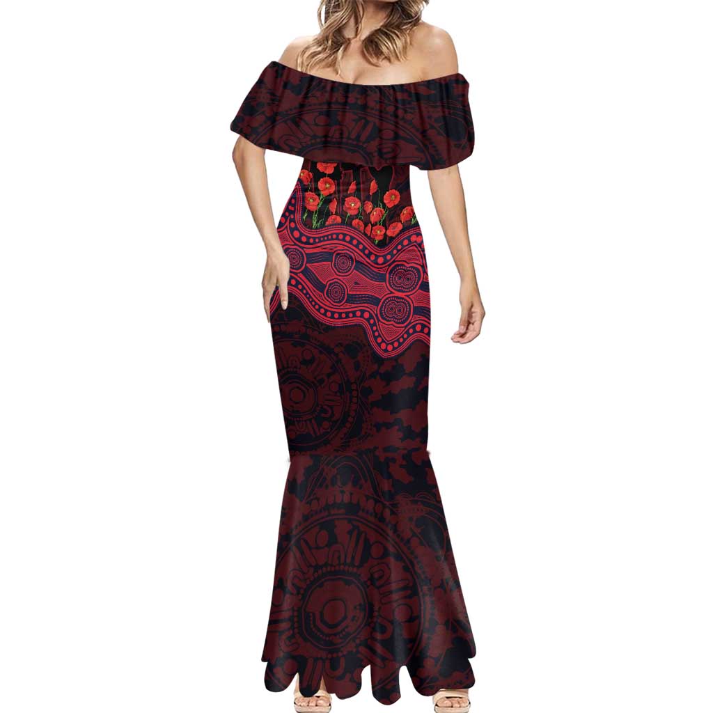 Melbourne Demons ANZAC Day Mermaid Dress Indigenous Dot Art with Poppy Flower Tribute