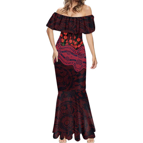 Melbourne Demons ANZAC Day Mermaid Dress Indigenous Dot Art with Poppy Flower Tribute