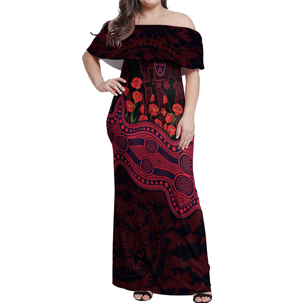 Melbourne Demons ANZAC Day Off Shoulder Maxi Dress Indigenous Dot Art with Poppy Flower Tribute