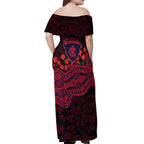 Melbourne Demons ANZAC Day Off Shoulder Maxi Dress Indigenous Dot Art with Poppy Flower Tribute