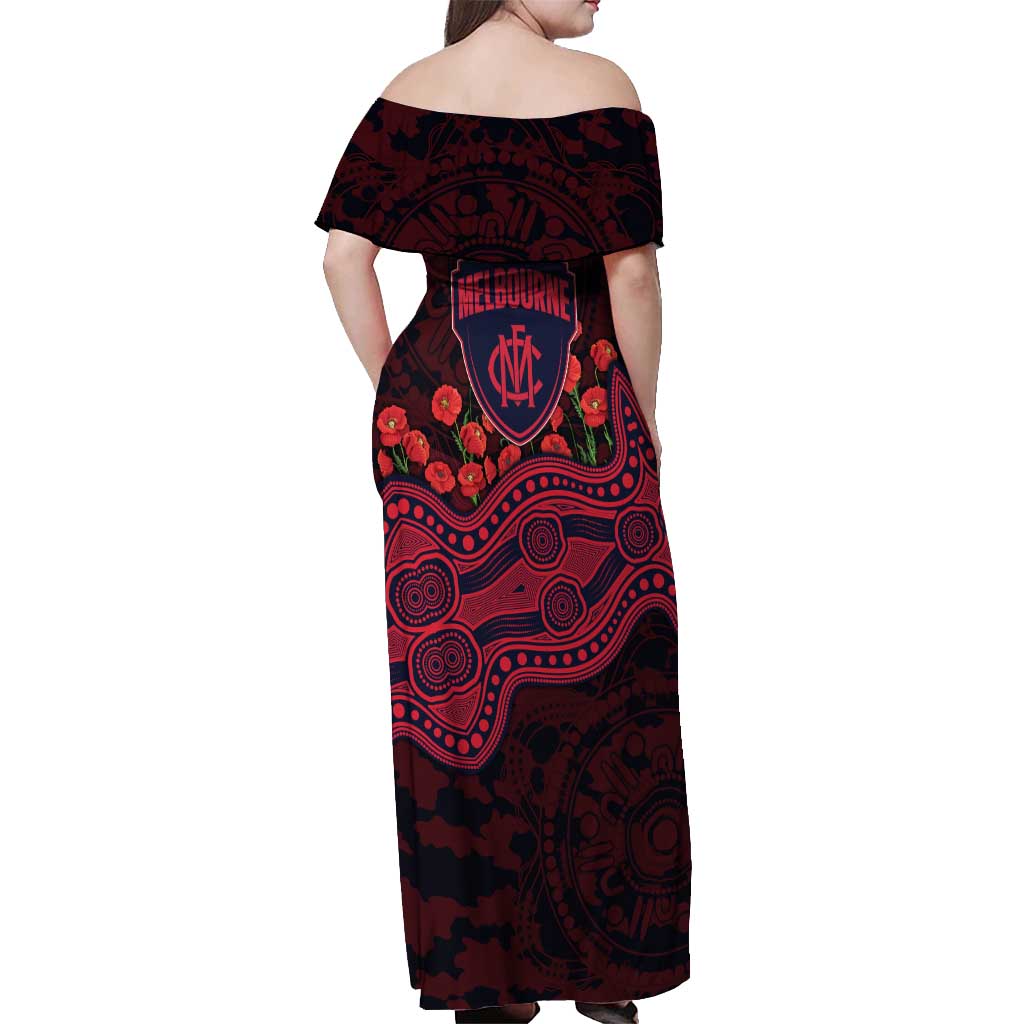 Melbourne Demons ANZAC Day Off Shoulder Maxi Dress Indigenous Dot Art with Poppy Flower Tribute