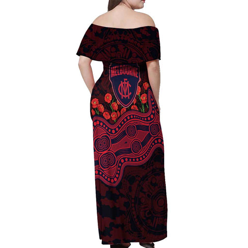 Melbourne Demons ANZAC Day Off Shoulder Maxi Dress Indigenous Dot Art with Poppy Flower Tribute