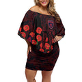 Melbourne Demons ANZAC Day Off Shoulder Short Dress Indigenous Dot Art with Poppy Flower Tribute