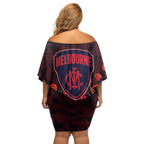 Melbourne Demons ANZAC Day Off Shoulder Short Dress Indigenous Dot Art with Poppy Flower Tribute