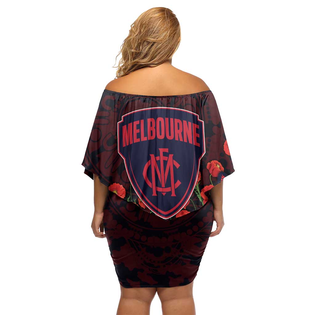 Melbourne Demons ANZAC Day Off Shoulder Short Dress Indigenous Dot Art with Poppy Flower Tribute