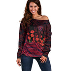 Melbourne Demons ANZAC Day Off Shoulder Sweater Indigenous Dot Art with Poppy Flower Tribute