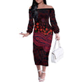 Melbourne Demons ANZAC Day Off The Shoulder Long Sleeve Dress Indigenous Dot Art with Poppy Flower Tribute