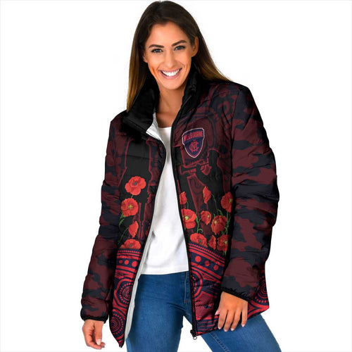 Melbourne Demons ANZAC Day Padded Jacket Indigenous Dot Art with Poppy Flower Tribute