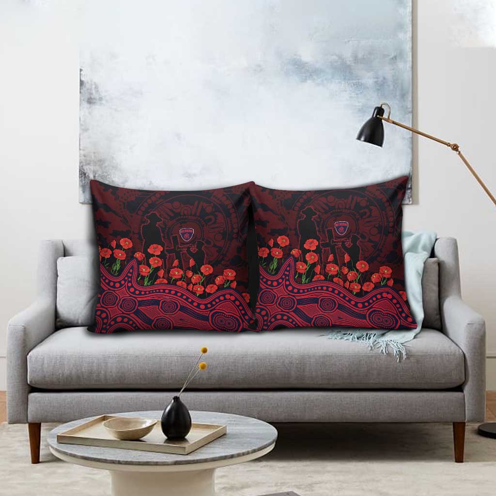 Melbourne Demons ANZAC Day Pillow Cover Indigenous Dot Art with Poppy Flower Tribute