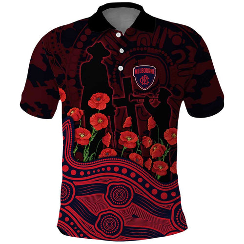 Melbourne Demons ANZAC Day Polo Shirt Indigenous Dot Art with Poppy Flower Tribute